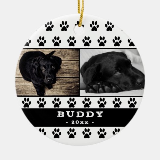 Cute Black Paw Pattern Dog Photo Collage Keepslag Keramisch Ornament (Voorkant)
