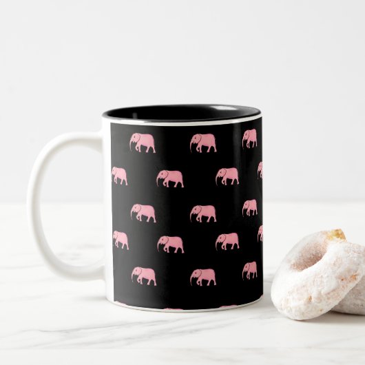 Cute Black Pink Elephants Tweekleurige Koffiemok (Met donut)