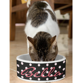 Cute Black Pink Polka Dots Cat Kat Pet Name Food Voerbakje