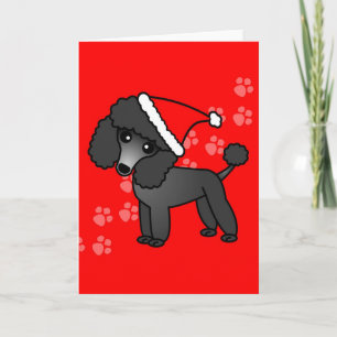 Cute Black Poodle Cartoon Santa Hat Feestdagen Kaart