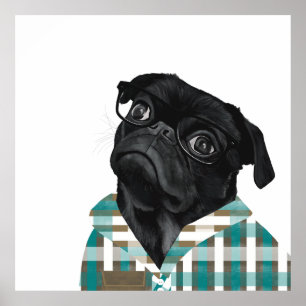 Cute Black Pug met bril en controleer het Shirt Poster