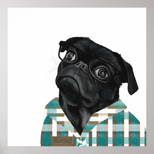 Cute Black Pug met bril en controleer het Shirt Poster (Voorkant)