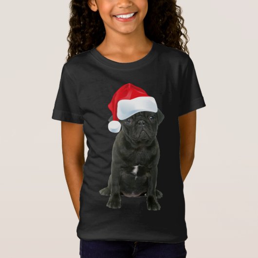 Cute Black Pug Santa Hat Funny Matking Kerstmis T-shirt (Voorkant)