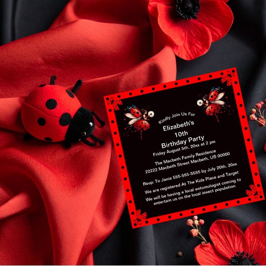Cute Black/Red Ladybug Fairy Birthday Party Kaart