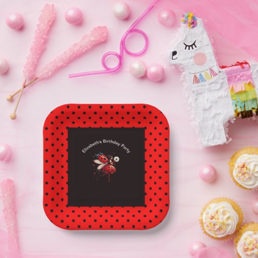 Cute Black & Red Ladybug Fairy Birthday Party  Papieren Bordje (Feest)