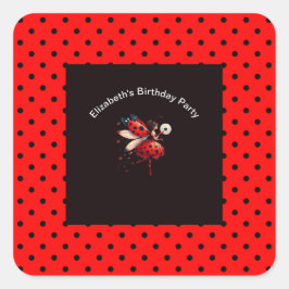 Cute Black & Red Ladybug Fairy Birthday Party  Vierkante Sticker