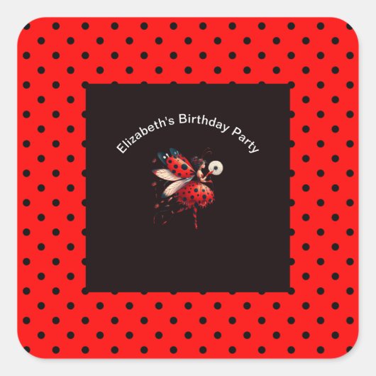 Cute Black & Red Ladybug Fairy Birthday Party  Vierkante Sticker (Voorkant)