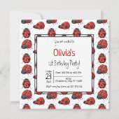 Cute Black Red Ladybug Pattern 1st Birthday Party Kaart (Voorkant)