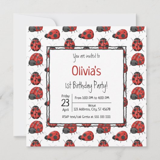 Cute Black Red Ladybug Pattern 1st Birthday Party Kaart (Voorkant)