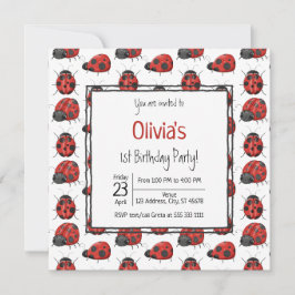 Cute Black Red Ladybug Pattern 1st Birthday Party Kaart