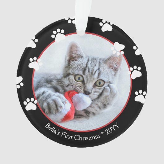Cute Black & Red Pawprints Kat voor eerste kerstmi Ornament (voorkant)