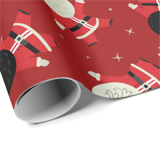 Cute Black Santa Party Pattern op Red Background Cadeaupapier (Rol Hoek)