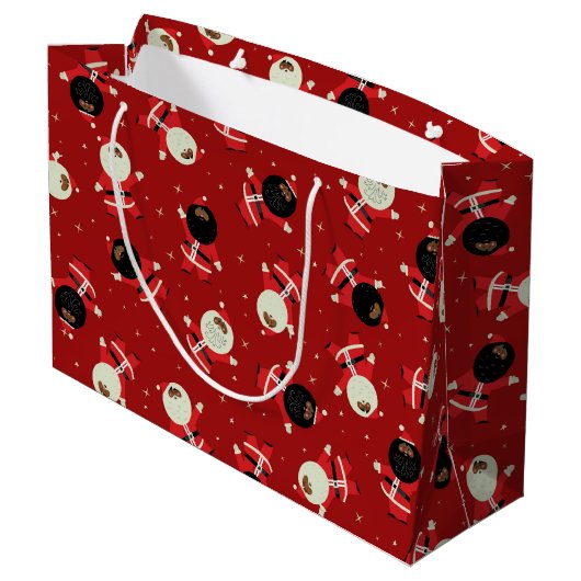 Cute Black Santa Party Pattern op Red Background Groot Cadeauzakje (Achterkant Gekanteld)