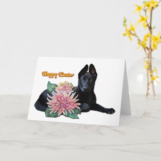 Cute Black Shepherd Pup Mum Flowers Paast Kaart (Gele Bloem)