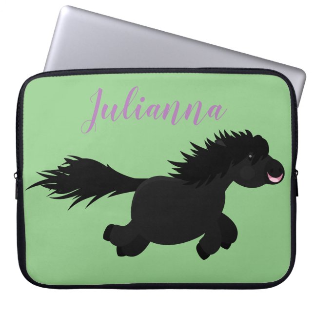 Cute black shetland pony illustration laptop sleeve (Voorkant)