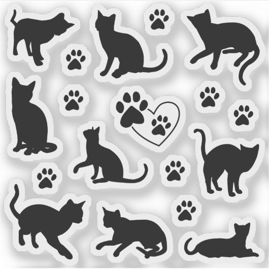 Cute Black Silhouette Cat and Paw Print Set Sticker (Voorkant)