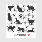 Cute Black Silhouette Cat and Paw Print Set Sticker (Vel)