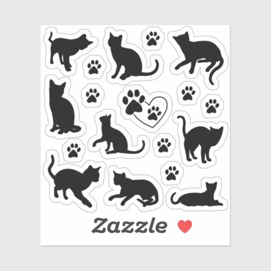 Cute Black Silhouette Cat and Paw Print Set Sticker (Vel)