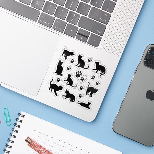 Cute Black Silhouette Cat and Paw Print Set Sticker (Laptop met iPhone)