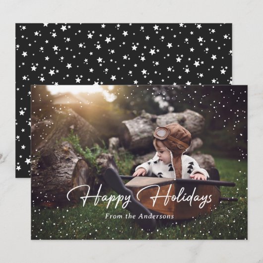 Cute Black Snow Stars Photo Holiday Card Feestdagenkaart (Voorkant / Achterkant)