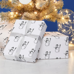 Cute Black Snowman Tekenen op wit Cadeaupapier