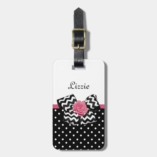 Cute Black Stippen Roze roze roodroos Chevron Bow Bagagelabel (Voorkant verticaal)
