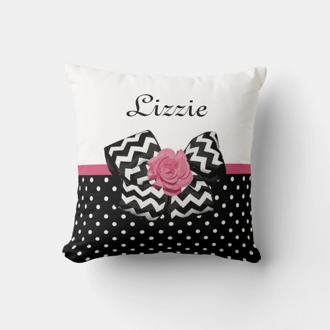 Cute Black Stippen Roze roze roodroos Chevron Bow  Kussen (Voorkant)