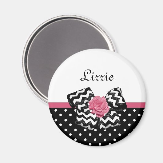 Cute Black Stippen Roze roze roodroos Chevron Bow  Magneet (Voorkant / Achterkant)
