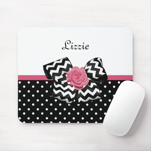 Cute Black Stippen Roze roze roodroos Chevron Bow  Muismat (Met muis)