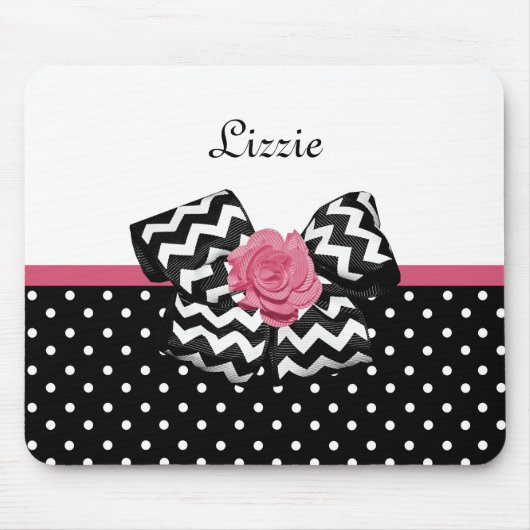 Cute Black Stippen Roze roze roodroos Chevron Bow  Muismat (Voorkant)