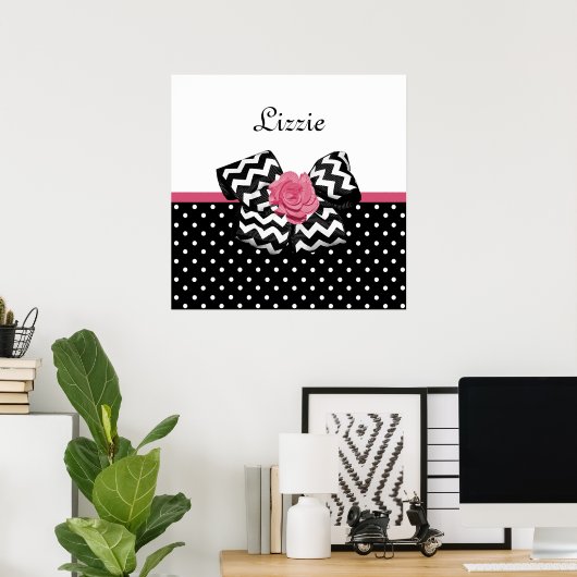 Cute Black Stippen Roze roze roodroos Chevron Bow Poster (Thuiskantoor)