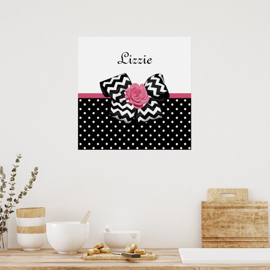 Cute Black Stippen Roze roze roodroos Chevron Bow  Poster (Keuken)