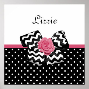 Cute Black Stippen Roze roze roodroos Chevron Bow  Poster