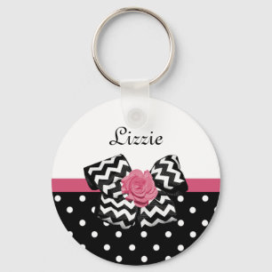 Cute Black Stippen Roze roze roodroos Chevron Bow Sleutelhanger