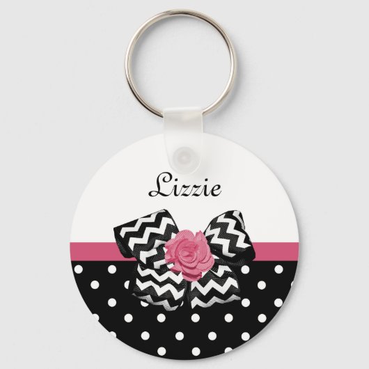 Cute Black Stippen Roze roze roodroos Chevron Bow  Sleutelhanger (Voorkant)