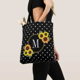 Cute Black  Sunflower Polka Dots Monogram Tote Bag