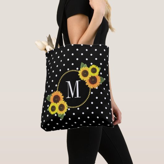 Cute Black  Sunflower Polka Dots Monogram Tote Bag (Dichtbij)