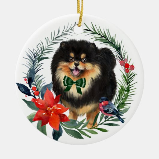 Cute Black Tan Pomeranian Waterverf Poinsettia Keramisch Ornament (Voorkant)