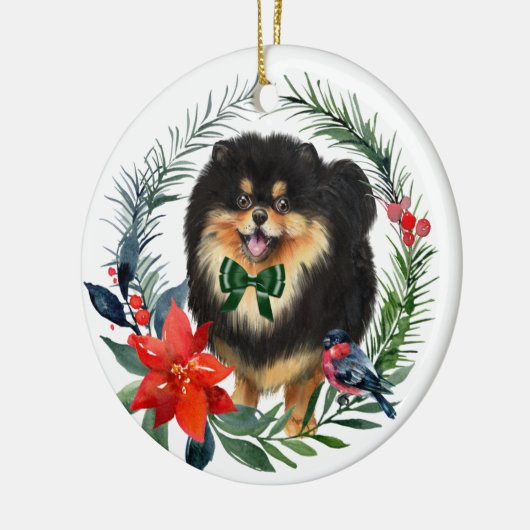 Cute Black Tan Pomeranian Waterverf Poinsettia Keramisch Ornament (Links)