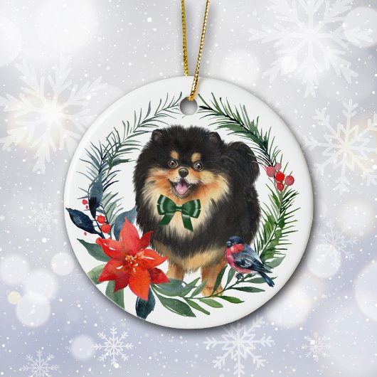 Cute Black Tan Pomeranian Waterverf Poinsettia Keramisch Ornament