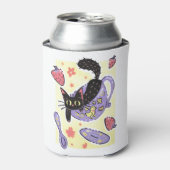 Cute Black Teacup Kat en aardbeien Blikjeskoeler (Blikje Voorkant)