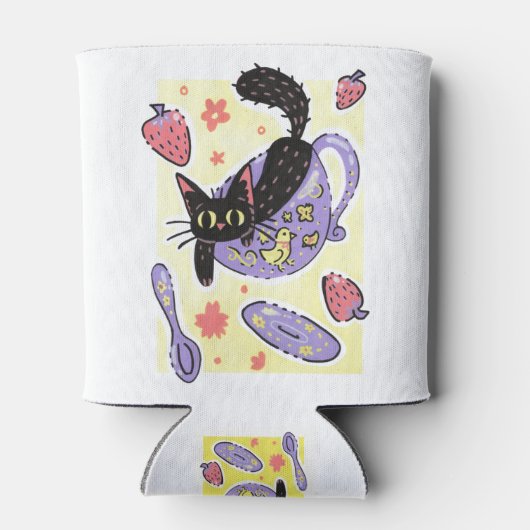 Cute Black Teacup Kat en aardbeien Blikjeskoeler (Achterkant)