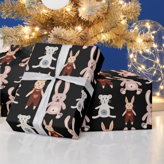 Cute Black Teddy Bear Cat Speelgoed Pattern Cadeaupapier (Feestdagen)