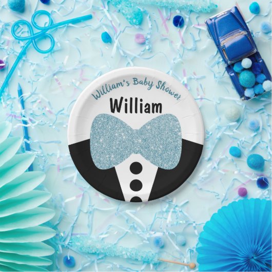 Cute Black Tuxedo Blue Glitter Bow Stropdas Baby s Papieren Bordje (Feest)