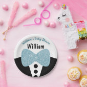 Cute Black Tuxedo Blue Glitter Bow Stropdas Baby s Papieren Bordje (Feest)