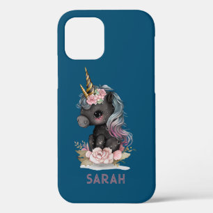 Cute Black Unicorn met Flowers Waterverf Unicorn Case-Mate iPhone Case