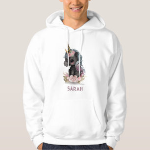 Cute Black Unicorn met Flowers Waterverf Unicorn Hoodie