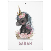 Cute Black Unicorn met Flowers Waterverf Unicorn Klembord (Achterkant)