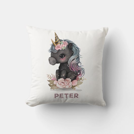 Cute Black Unicorn met Flowers Waterverf Unicorn Kussen (Voorkant)