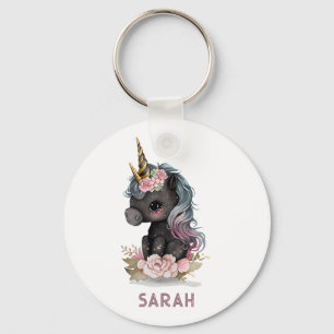 Cute Black Unicorn met Flowers Waterverf Unicorn Sleutelhanger